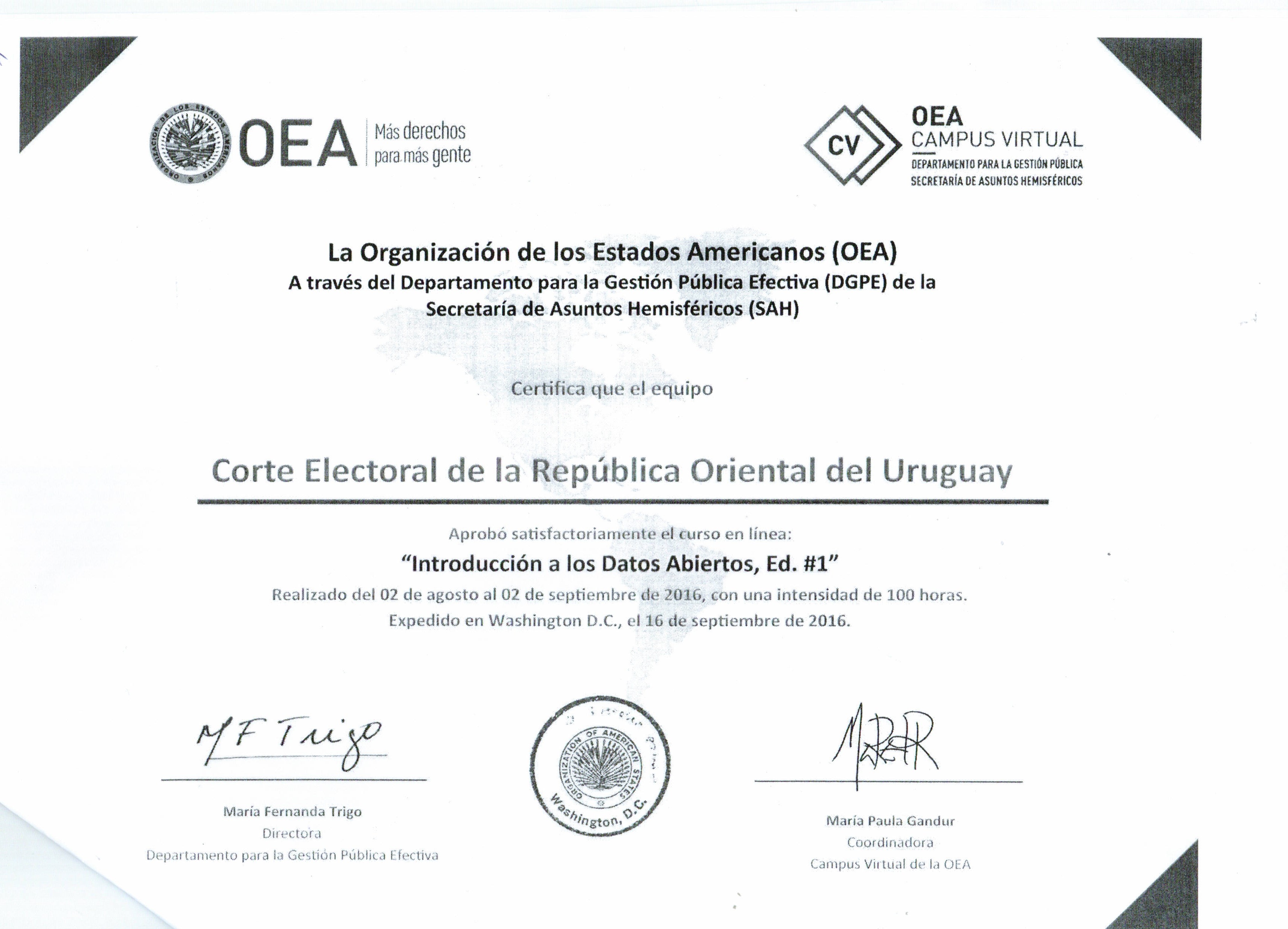 Certificado OEA CURSO DATOS ABIERTOS